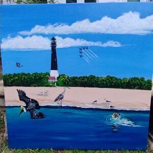 Large Acrylic painting " Sea Life and Pensacola Naval Lighthouse"